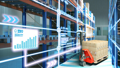 A modern warehouse.  Infographics of the delivery and shipment of goods are projected onto the warehouse shelves. There is a forklift truck in the middle of the warehouse 3D image