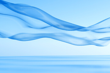 Transparent glossy glass ribbon on the water. Flexible glass. A holographic curved wave in motion. Rainbow design element for banner background, wallpaper 3D image