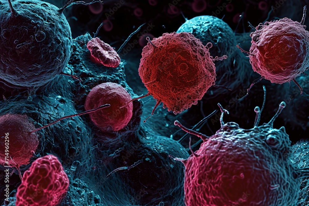 Poster a group of red and blue cells with long spikes generative ai
