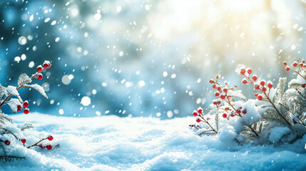 Winter-Themed Season Background. Snowy And Cold Background. With Christmas Trees and Red Holly Berries. Background for Festive Season, Christmas, Winter Season. Snowy Mountain Forest Background