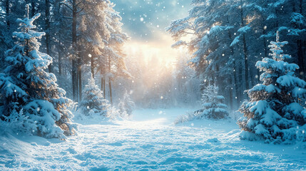 Winter-Themed Season Background. Snowy And Cold Background. With Christmas Trees. Background for Festive Season, Christmas, Winter Season. Snowy Mountain Forest Background - obrazy, fototapety, plakaty