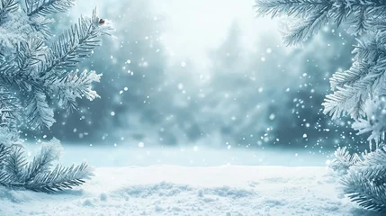 Foto op Plexiglas Winter-Themed Season Background. Snowy And Cold Background. With Christmas Trees. Background for Festive Season, Christmas, Winter Season. Snowy Mountain Forest Background © Immersive Dimension