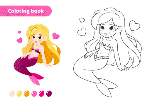 Coloring book for kids. Worksheet for drawing with cartoon mermaid. Cute magical creature. Coloring page with color palette for children. Vector illustration. 