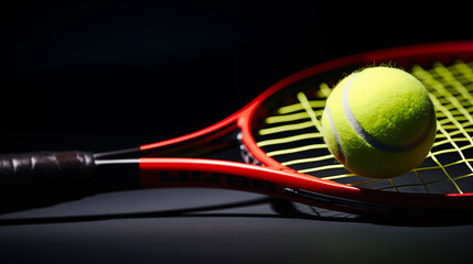 Gros plan, zoom sur une balle et une raquette de tennis, sur un court. Tennisman, match, compétition, sport. Pour conception et création graphique. - obrazy, fototapety, plakaty