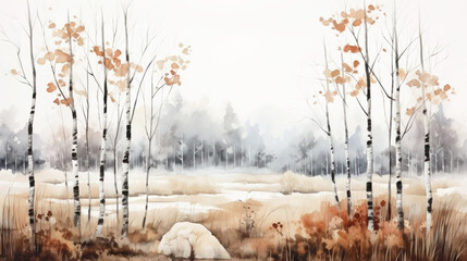Watercolor drawing forest pattern landscape, of dry birch trees in autumn and foggy background, old paper style.
