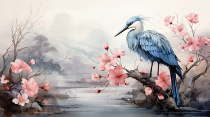 Watercolor wallpaper, pattern, landscape branch of a flowering tree with a blue bird, against the backdrop of a lake. - obrazy, fototapety, plakaty