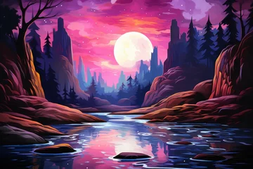 Fotobehang Serene moonlit waterfalls in Fantasy - Generative AI © Sidewaypics