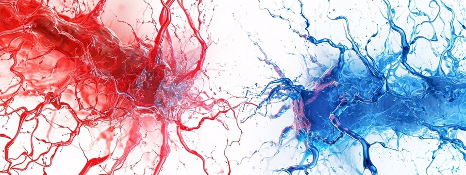 Two Painted Drops of Red and Blue Liquid Generative AI © Bipul Kumar
