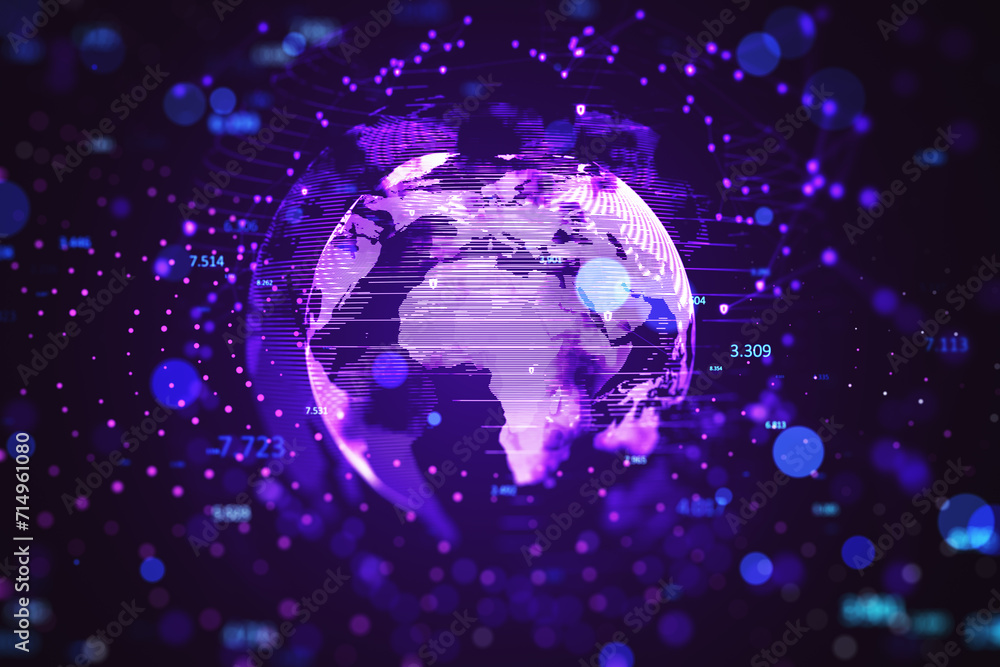 Aufkleber Global network visualization with interconnected data points. World technology and communication concept. 3D Rendering
