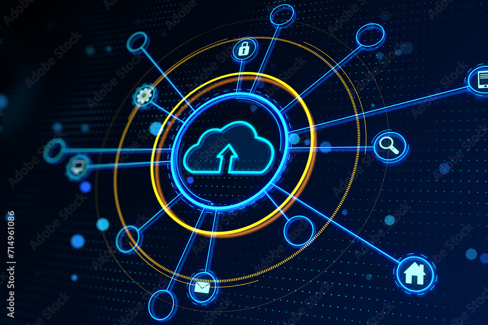 Aufkleber Abstract digital interface with cloud computing icon on a dynamic blue background. 3D Rendering