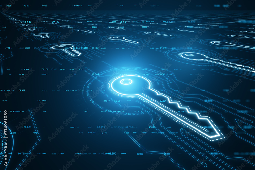 Aufkleber Neon cyber key floating over a digital network, conceptualizing encryption and cybersecurity. 3D Rendering
