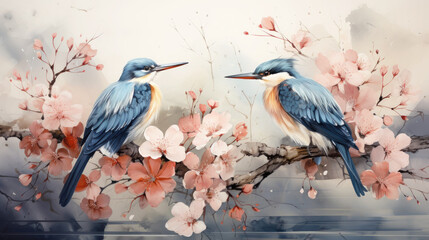 Watercolor wallpaper, pattern, landscape branch of a flowering tree with a pair of kingfishers on the background of a lake, old paper style.