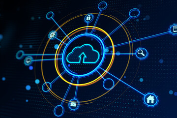 Abstract digital interface with cloud computing icon on a dynamic blue background. 3D Rendering