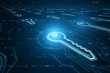 Neon cyber key floating over a digital network, conceptualizing encryption and cybersecurity. 3D Rendering