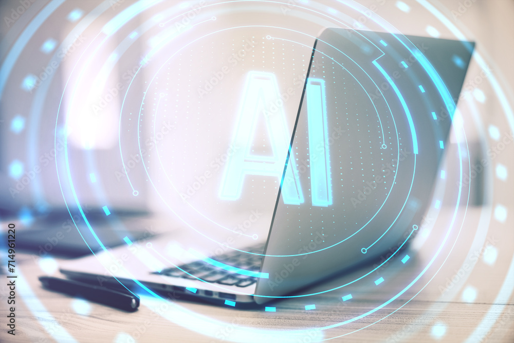 Aufkleber close up of laptop and supplies on desk with glowing round ai hologram on blurry background. artific
