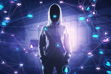 Hacker in hoodie with connected digital people team icons on dark blurry purple office interior background. Digital network, online community and social media concept.