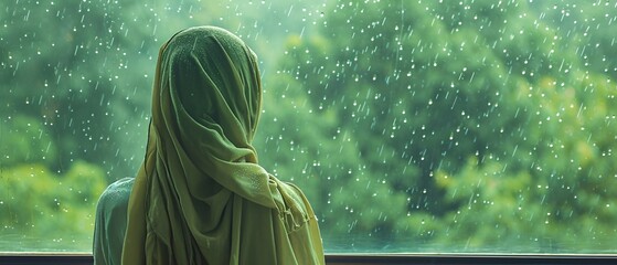 A woman wearing a green hooded garment, looking out a window at the rain. Generative AI