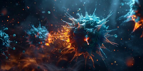 A blue and orange virus cell with a red flame inside Generative AI - obrazy, fototapety, plakaty
