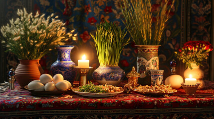 Obraz premium A traditional Haft-Seen table adorned with symbolic items such as sprouted wheat, painted eggs, and goldfish, bathed in soft candlelight. The arrangement symbolizes the arrival of
