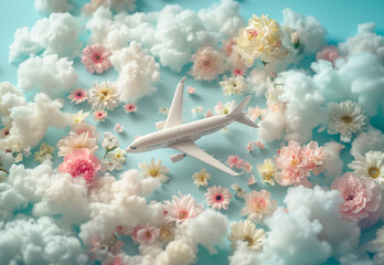 Eco friendly aircraft fuel conceptual background. Toy airplane flying through colorful flowers.