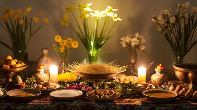 A traditional Haft-Seen table adorned with symbolic items such as sprouted wheat, painted eggs, and goldfish, bathed in soft candlelight. The arrangement symbolizes the arrival of