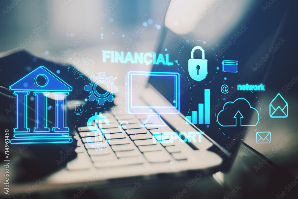 Poster close up of female hands using laptop keyboard on desk with creative financial banking interface on 