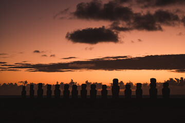 Fifteen moai at the restored ceremonial site of Ahu Tongariki on Easter Island (Isla de Pascua)...