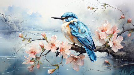 Watercolor wallpaper, pattern, landscape branch of a flowering tree with a kingfisher on the background of a lake, old paper style.