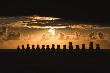 Fifteen moai at the restored ceremonial site of Ahu Tongariki on Easter Island (Isla de Pascua)...