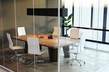 Wooden and concrete glass box conference room interior with city view and daylight, furniture and equipment. 3D Rendering.
