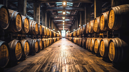 Whiskey, scotch, wine barrels in the aging room. Winery, storage cellar.
