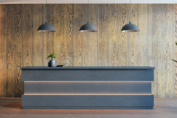 Modern wooden reception desk in office interior. 3D Rendering.