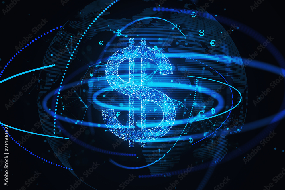 Poster sparkling blue dollar icon with global currency exchange background. financial technology concept. 3