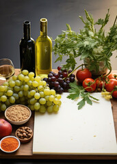 Still life with wine, cheeses and fruits on the table, top view. Copy space.