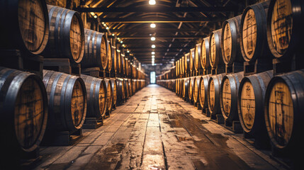 Whiskey, scotch, wine barrels in the aging room. Winery, storage cellar. - obrazy, fototapety, plakaty