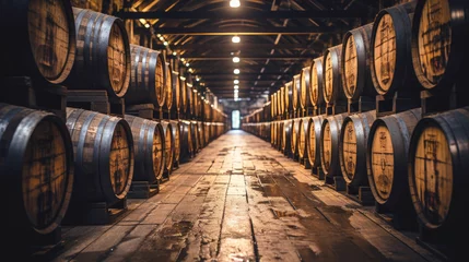 Foto op Plexiglas Whiskey, scotch, wine barrels in the aging room. Winery, storage cellar. © Katerina Bond