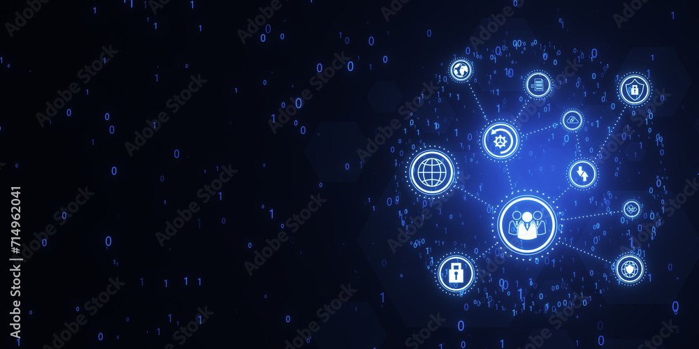 Aufkleber Creative connected digital business interface with various icons and binary code on blurry background. Software development, app, global business and ai concept. 3D Rendering.