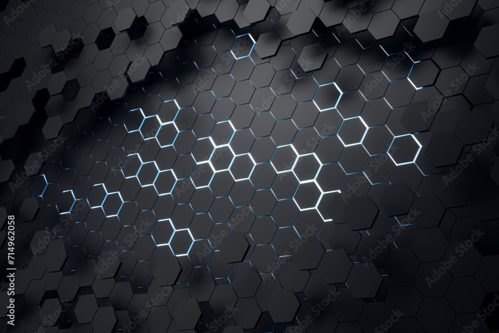 Poster Abstract black hexagonal background. Landing page concept. 3D Rendering.