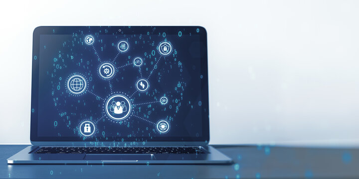 Close up of laptop with creative connected digital business interface with various icons and binary code on white background with mock up place. Software, global business and ai concept. 3D Rendering.