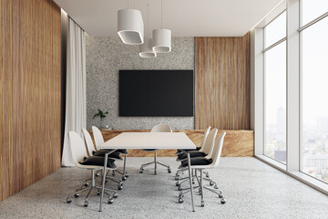 Modern wooden and concrete conference room interior with window and city view, curtains and empty black mock up banner on wall. 3D Rendering.