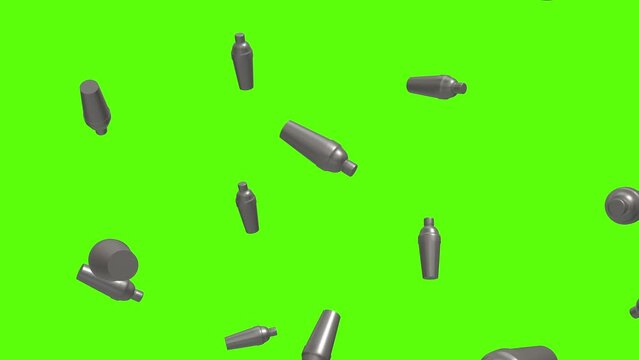 Cocktail shaker background. Falling stainless steel cocktail shaker over green screen or chroma key. Rain of cocktail shaker across the screen.
