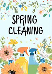 Seasonal spring cleaning, florals and cleaning products pastel retro design - obrazy, fototapety, plakaty