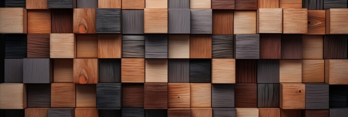 wooden wall background in the style of cubist fragmented reality, carved painted wood blocks. different shades and types of wood. banner. - obrazy, fototapety, plakaty