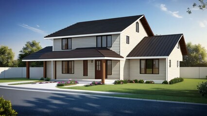 Fototapeta na wymiar 3d house model rendering on white background, 3D illustration modern cozy house. Concept for real estate or property.