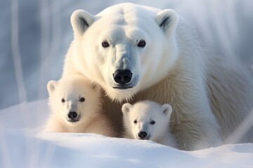 Naklejka na ściany i meble mother polar bear with her young ones , cuddled together, against the background of a snow. wildlife, motherhood in animals.