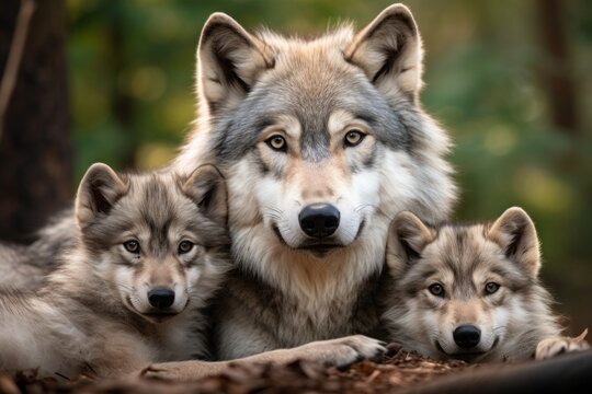 gray mother wolf with her cubs, litter cozy cuddles together in her burrow. wildlife, motherhood in animals. brood.