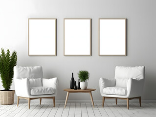 3D living room with three chairs and three blank white frame mockups