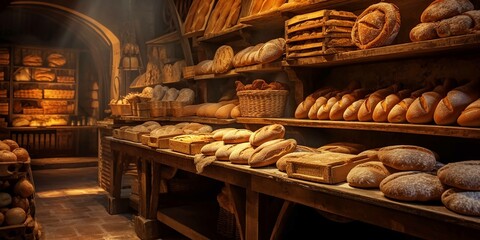 The aroma of freshly baked bread fills the air in a cozy bakery, where rows of golden loaves are displayed on wooden shelves - obrazy, fototapety, plakaty