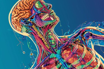 A colorful illustration of a human skeleton with a brain and teeth Generative AI - obrazy, fototapety, plakaty