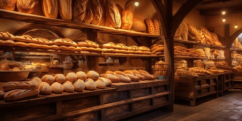 The aroma of freshly baked bread fills the air in a cozy bakery, where rows of golden loaves are displayed on wooden shelves - obrazy, fototapety, plakaty